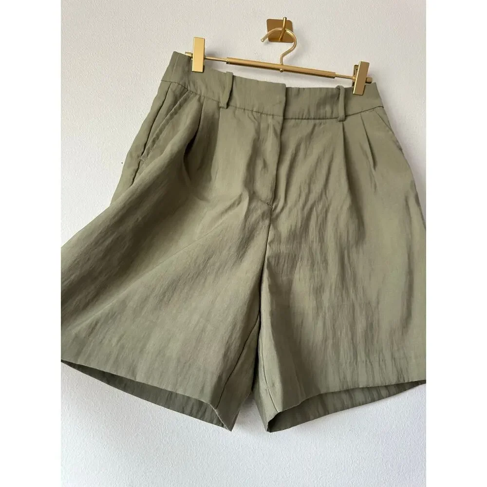 Zara Olive Green Pleated Bermuda Shorts High Rise Tailored Trouser Shorts